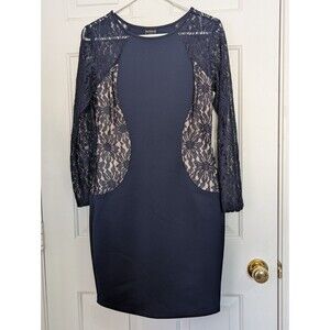 EN FOCUS STUDIO Sheath Dress Sz 6 Navy Floral Lace Beige Lining L/S Stretch